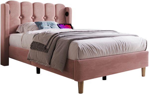 Polsterbett 90x200 cm Samt mit USB-Typ-C Ladefunktion, gepolstertes Paneel-Kopfteil in Rosa,Es gibt eine Matratze.