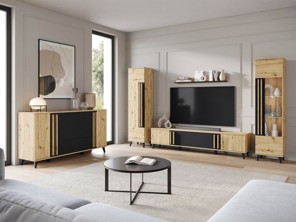 Wohnzimmer-Set Hailea IV (Farbe: Artisan Eiche / Schwarzer Graphit + Artisan Eiche, mit weißer LED Beleuchtung)