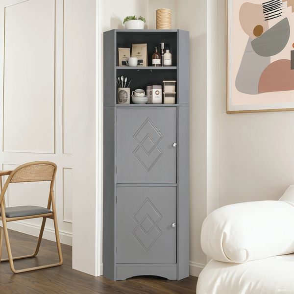 Eckschrank mit Ablagefächern & Schranktür, 36,5 x 36,5 x 155 cm, grau