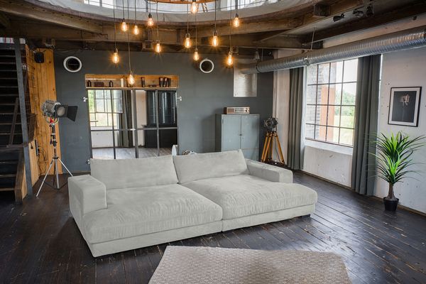 KAWOLA Big Sofa MADELINE Cord hellgrau 85 x 170 x 290 cm