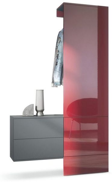 Garderobe Carlton Set 2, Wandgarderobe aus Deko-Paneel & hängender Schubladen-Kommode, Anthrazit matt/Bordeaux Hochglanz (105 x 193 x 35 cm)