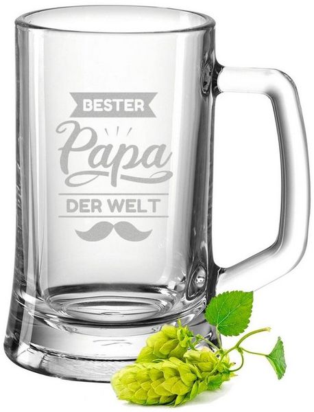 GRAVURZEILE Bierkrug Leonardo Bierkrug mit Gravur - Bester Papa der Welt V2, Glas, Geschenk für Papa Opa zum Vatertag