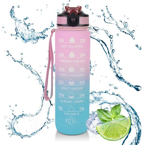 CALIYO Trinkflasche 1 Liter Sport-Wasserflasche mit Strohhalm und Zeitmarkierungen, Auslaufsichere Tritan-Trinkflasche, BPA-frei für Sportart