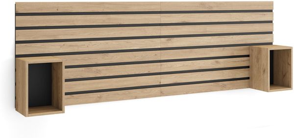 Skraut Home | Kopfteil, Nachttischen | Lamellenwand Holz | 214 x 70 x 3 | 135,140,150,160 cm Bett | Stauraum | Moderner Stil | Eiche