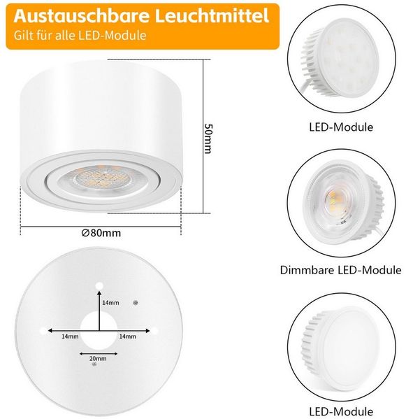 GeyouLux LED Aufbaustrahler LED Aufbauspot, Aufbaustrahler, Deckenspots Ø80x50 mm Rund, Neutralweiß, LED Modul 230V 30° Schwenkbar Extra Flach Aufputz Spots 6 Stück
