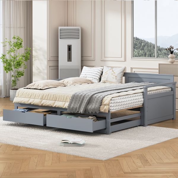 Ausziehbett 90/180×190 cm mit Schubladen und Lattenrost, aus Kiefernholz, Grau, ohne Matratze
