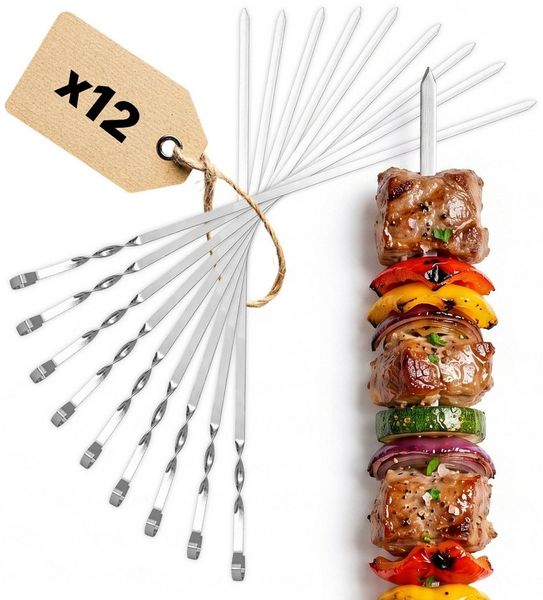 BIG-PAN Grillbesteck-Set BBQ Set 12-teilig – Edelstahl Grillspieße 600 mm Schaschlikspieße
