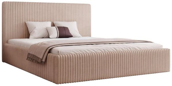 Goldstoff Polsterbett Modernes Bett "LUMINA" mit großem Stauraum und gepolstertem Rahmen (120–200x200 cm, Kopfteilhöhe 70/110 cm), Elegantes Stauraumbett mit gepolstertem Kopfteil und Holzrahmen