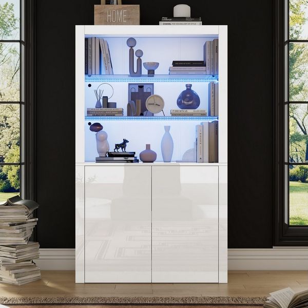 MODFU Vitrine gehärtetem Glas und Stauraum (Sideboard, Wohnzimmerschrank, Organizer, 1-St, Displayschicht aus gehärtetem Glas) mit LED-Leuchten
