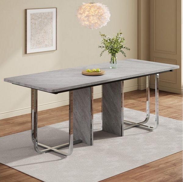 Flieks Esstisch (L180*B80*H75 cm, für 4–8 Personen, 1-St, 1 Tisch), rechteckiger Küchentisch Schreibtisch grau, Silberfarbene Metallbeine