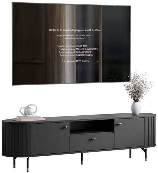 yourhouse24 TV-Schrank LINNEA 180cm 2D1S Runde Ecken Lamellen Kaschmir/Schwarz