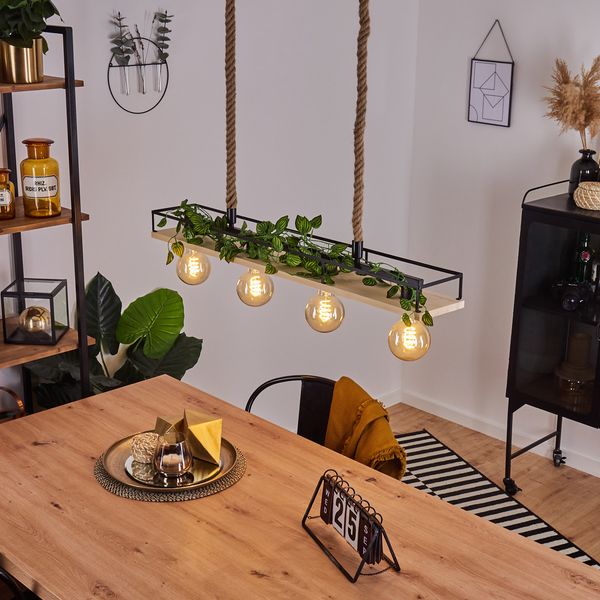 »Bianconese«, Hängelampe aus Metall/Holz/Hanfseil in Schwarz/Natur im Vintage Design, Hängeleuchte im offenen Design mit Holzbalken und Schirm in Gitter-Optik, 4-flammig, 4 x E27 max. 40 Watt
