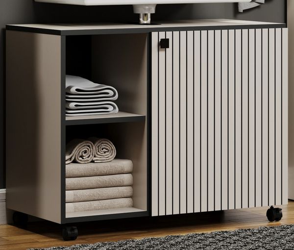 Furn. Design Waschbeckenunterschrank Calmed (Badschrank in Cashmere grau, Staboptik, Breite 80 cm) auf Rollen