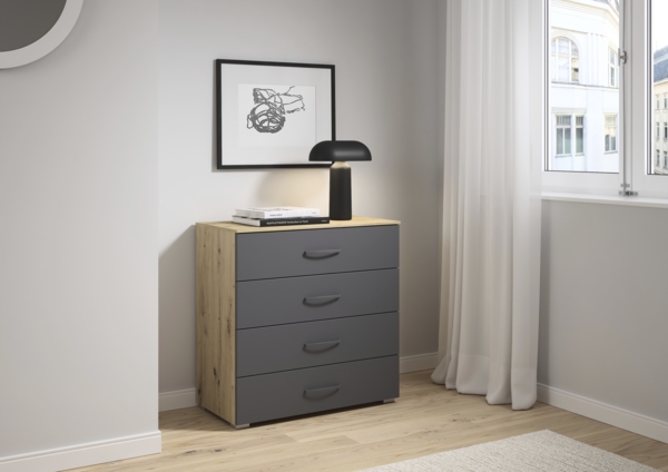 rauch Aditio Box, Kommode, 4 Schubladen, mit Softclose-Funktion, Farbe Grau metallic/Eiche Artisan, BxHxT 80x81x42cm
