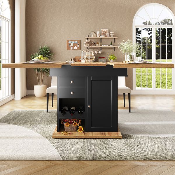 Esstisch 110-140 x 80 x 75 cm, ausziehbar mit Schublade, Klapptür und Snack-/Weinregalen