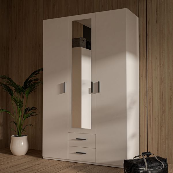 Forte TRAWEN Kleiderschrank 130 140, moderner Kleiderschrank, Flurschrank, Mehrzweckschrank, 3-türig, 2 Schubladen, Spiegel, Holzwerkstoff, Weiß, 133,2 cm breit x 210,5 cm hoch x 54,2 cm tief