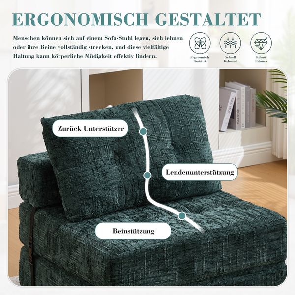 Klappsofa Bett mit Kopf- & Lendenkissen, multifunktionales Schlafsofa, 2-in-1 Faltsofa mit hochdichtem Schaumstoff,Smaragd Bild 9