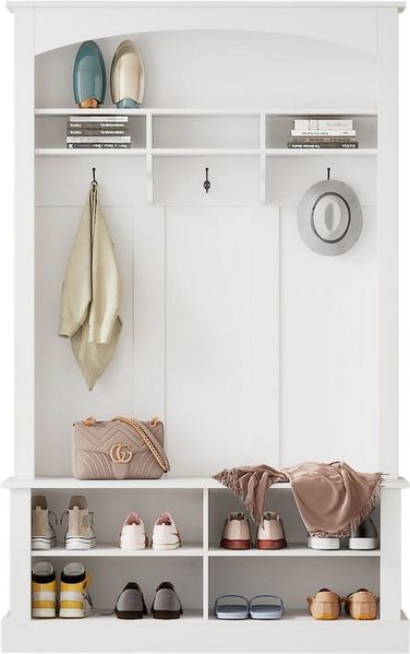 KLAM HOME Garderoben-Set Garderobenständer Garderobe mit Bank und Schuhablage H190/B120/T40 cm, (Mit Kippsicherung 3 hängenden Haken & offenem Stauraum), Wandgarderobe für Flur Diele Wohnzimmer