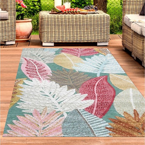 Carpetia Outdoorteppich Wetterfester Outdoor-Teppich mit buntem Blumenmuster und Creme, rechteckig