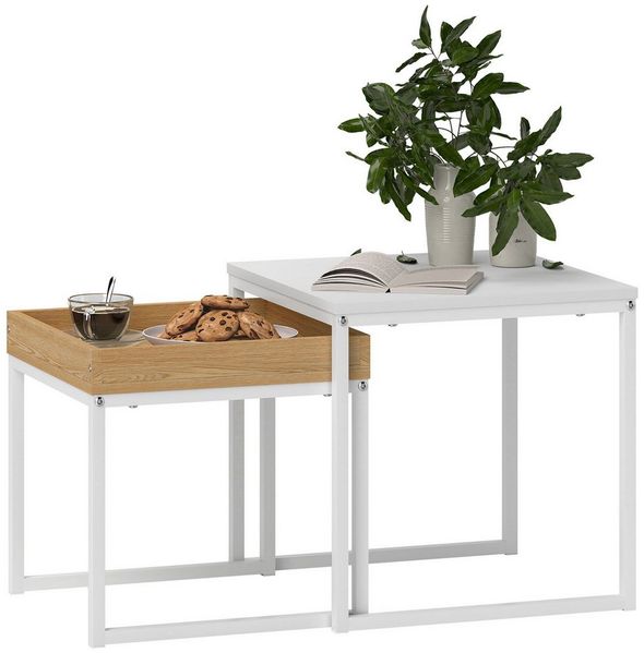 HOMCOM Couchtisch 2er-Set, mit Stahlgestell (Kaffeetisch, 2-St, Eckiger Beistelltisch), für Wohnzimmer, bis 30 kg Belastbar, Weiß+Eiche