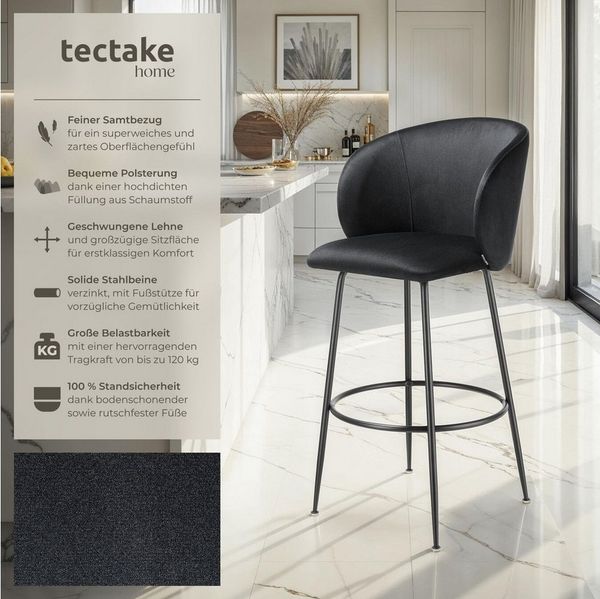 tectake Barhocker Barstuhl Luana, mit Rückenlehne, Samtoptik, 51 x 60 x 106 cm, Belastbarkeit 120 kg