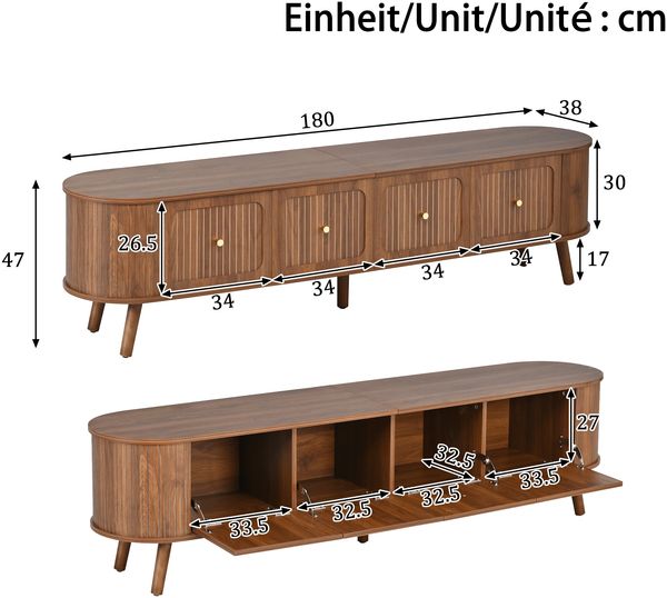 TV-Schrank Vintage 180 cm Walnuss Klapptüren gold Griffe stabile Beine bis 60 kg Bild 10