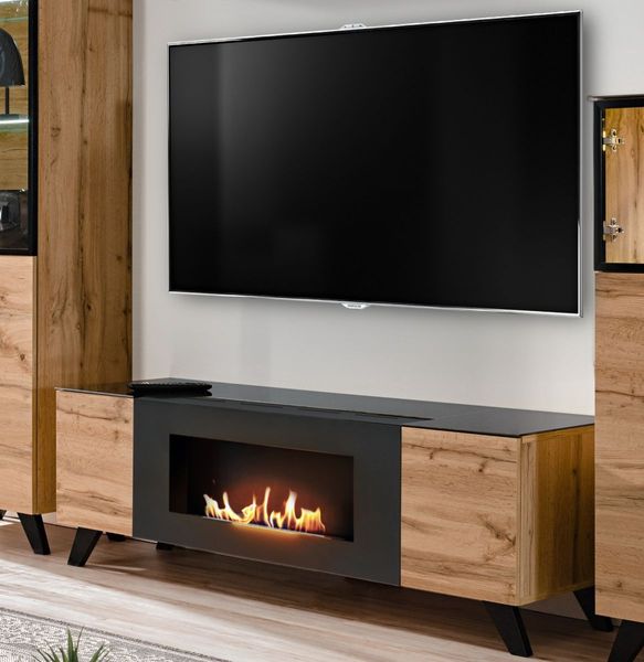 TV-Lowboard Bonfire in Wotan Eiche und schwarz mit Kamin 150 cm