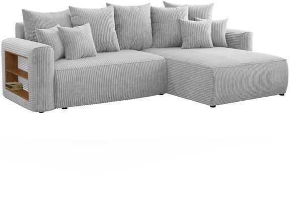 MEBLINI Schlafcouch mit Bettkasten - 260x160x78cm - Hellgrau Cordstoff - NAPLES - Kleines Ecksofa mit Schlaffunktion - Sofa mit Relaxfunktion und Kissen - Kleine Couch L-Form - Eckcouch