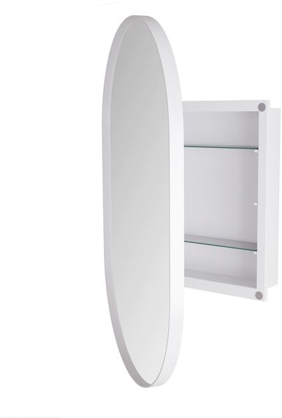 Spiegelschrank mit ovalem Spiegel, 85 x 51,5 x 12 cm – Badezimmerschrank aus Metall in Weiß mit 2 Glasablagen Bild 9