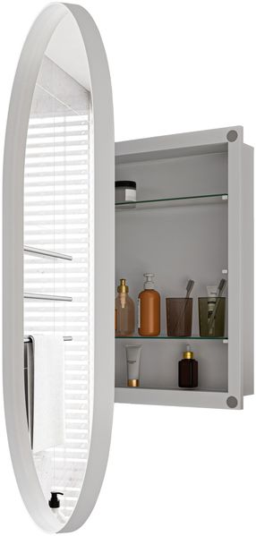 Spiegelschrank mit ovalem Spiegel, 85 x 51,5 x 12 cm – Badezimmerschrank aus Metall in Weiß mit 2 Glasablagen Bild 8
