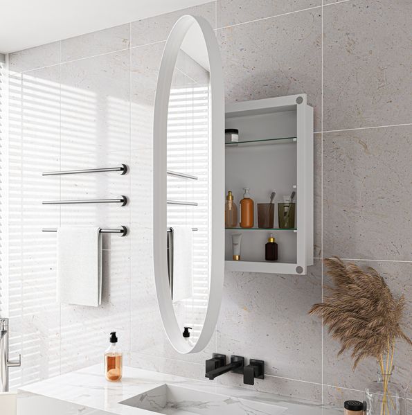 Spiegelschrank mit ovalem Spiegel, 85 x 51,5 x 12 cm – Badezimmerschrank aus Metall in Weiß mit 2 Glasablagen