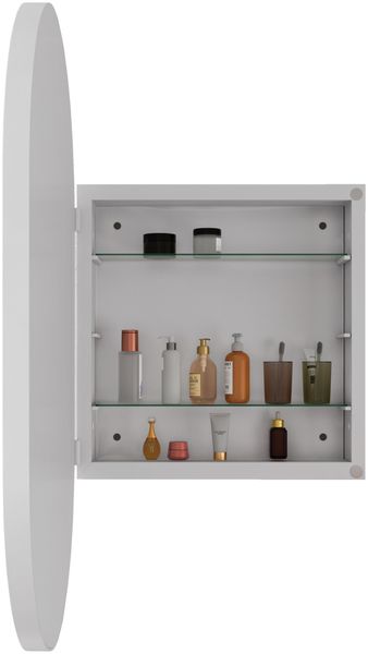 Spiegelschrank mit ovalem Spiegel, 85 x 51,5 x 12 cm – Badezimmerschrank aus Metall in Weiß mit 2 Glasablagen Bild 7