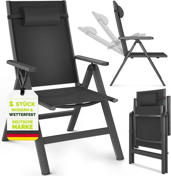 tillvex Gartenstuhl Premium 1 Stück Anthrazit klappbar aus Aluminium | Hochlehner mit Armlehnen | Klappstuhl verstellbar | Klappsessel Balkon Garten Terrasse