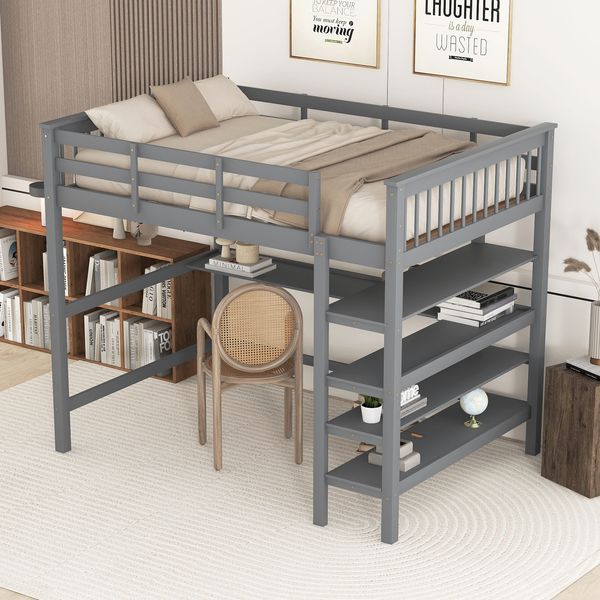 Merax 140x200 Kinderhochbett mit Ablagefächern und Unterbettschreibtisch, Grau