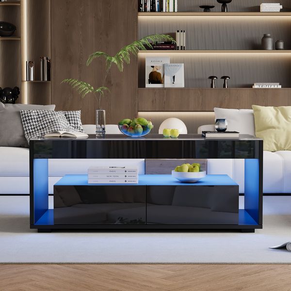 Couchtisch aus Spanplatte mit 16-farbiger LED-Beleuchtung, 2 Schubladen & gehärtetem Glas, 100x50x40 cm, Schwarz