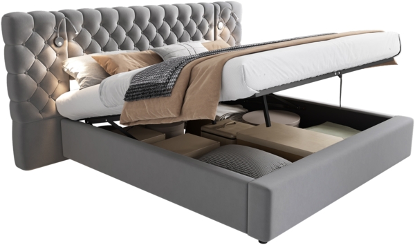 Merax Polsterbett Doppelbett, 160 x 200 cm, Stauraumbett, LED-Beleuchtung, weich breit Kopfteil, mit Beleuchtung und Stauraum, Samt, grau Bild 10