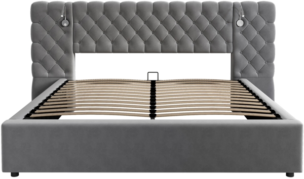 Merax Polsterbett Doppelbett, 160 x 200 cm, Stauraumbett, LED-Beleuchtung, weich breit Kopfteil, mit Beleuchtung und Stauraum, Samt, grau Bild 8