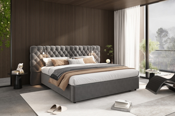 Merax Polsterbett Doppelbett, 160 x 200 cm, Stauraumbett, LED-Beleuchtung, weich breit Kopfteil, mit Beleuchtung und Stauraum, Samt, grau Bild 7