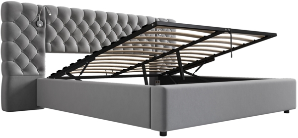 Merax Polsterbett Doppelbett, 160 x 200 cm, Stauraumbett, LED-Beleuchtung, weich breit Kopfteil, mit Beleuchtung und Stauraum, Samt, grau Bild 9