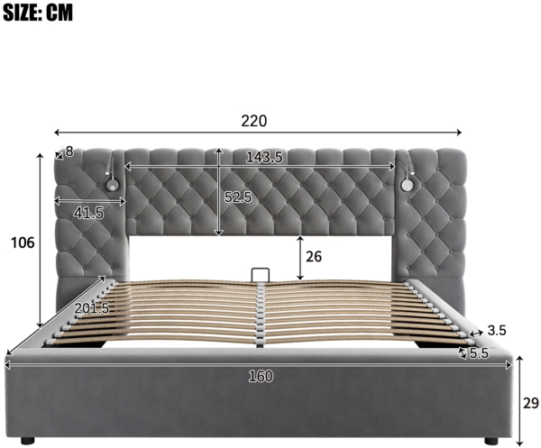 Merax Polsterbett Doppelbett, 160 x 200 cm, Stauraumbett, LED-Beleuchtung, weich breit Kopfteil, mit Beleuchtung und Stauraum, Samt, grau Bild 4