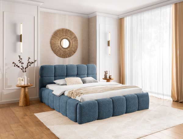 MEBLINI Polsterbett 180x200 mit Lattenrost mit Matratze - SALERNO - Blau Boucle - Bubble Bett - Cloud Bett - Marshmallow Bed - Kopfteil Bett mit Stauraum