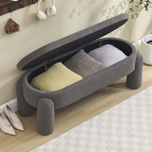Flieks Bettbank mit Stauraum, 112 x 43 x 43cm, Polsterbank, Aufbewahrungsbank, Cord, Grau