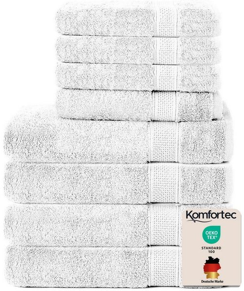 Komfortec 8er Handtuch Set aus 100% Baumwolle, 4 Badetücher 70x140 und 4 Handtücher 50x100 cm, Frottee, Weich, Towel, Groß, Weiß