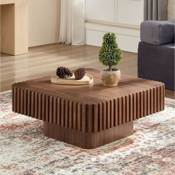 Square Fluted Coffee Table, Modern Ribbed Center Table with Solid Wood Stripe Accent, MDF with Wood Veneer Construction, Contemporary Accent Table for Living Room, Bedroom, and Office (Walnut Color)