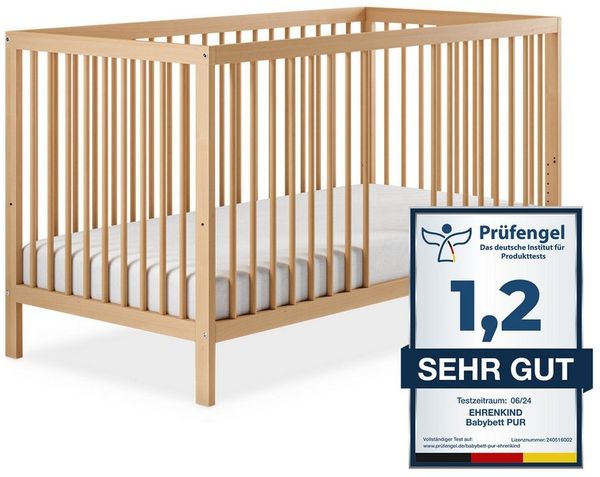 Ehrenkind® Babybett PUR 120x60 aus Buchenholz | Natur | Kinderbett 9-Fach höhenverstellbar mit entnehmbaren Stangen | Baby Bett