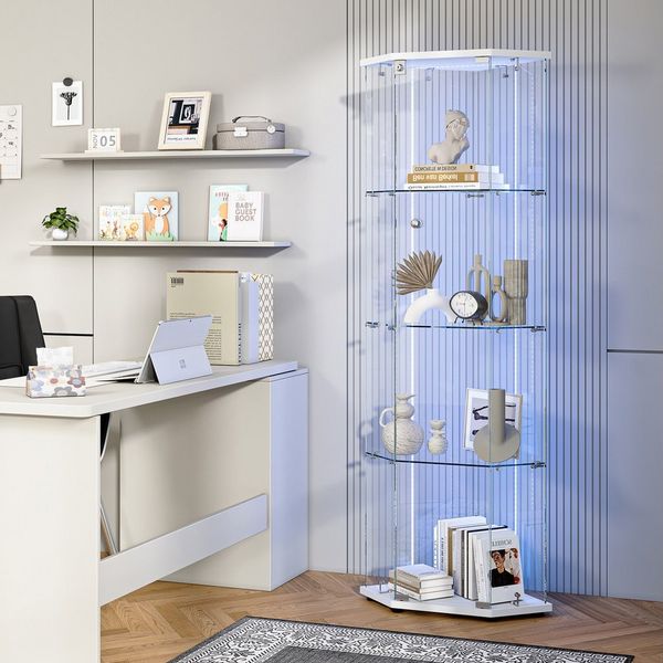 FUROKOY Glasvitrine Fünfeckige Standvitrinen (Weiß 5 Lagen Sammlervitrine) Vitrinenschrank mit 1 Glastür für Sammler, Bücher, 162x60x42.5cm