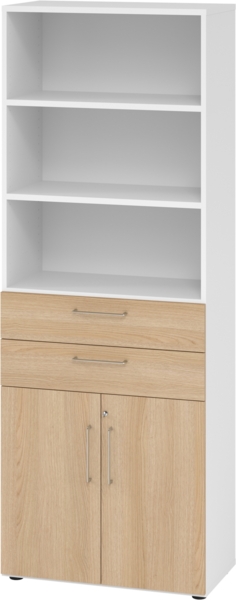 bümö Aktenregal & Schrank abschließbar, Büroschrank Regal & Schubladen Kombination Holz 80cm breit in Weiß/Buche - Schrank für's Büro & Arbeitszimmer, Büro Möbel Ordnerschrank, 968K2-W-E-BS