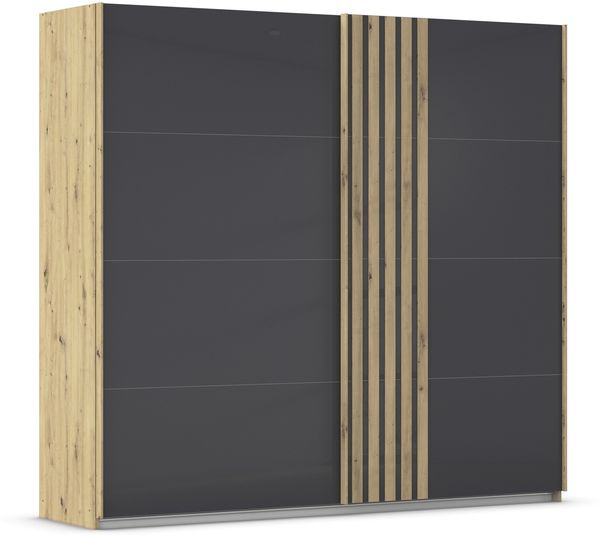 Schwebetürenschrank >Mosbach< in Glas basalt / Eiche Artisan - 226x210x62 (BxHxT)