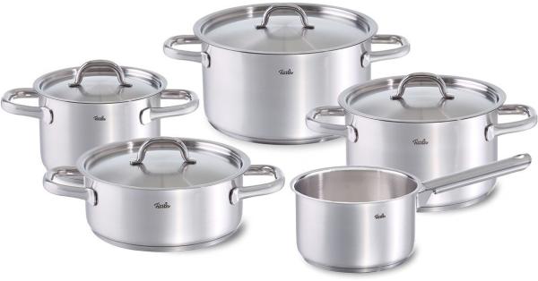 Fissler Topf-Set Family Line, Edelstahl 18/10 (Set, 9-tlg, 1 Bratentopf 20 cm, je 1 Kochtopf 16/20/24 cm, 1 Stielkasserolle 16cm), extra breiter Schüttrand