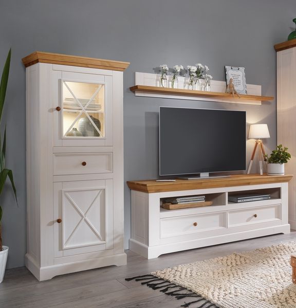 Wohnwand >WZ-0133< (3-teilig) weiss / eichefarbig - 248x177x42 (BxHxT)